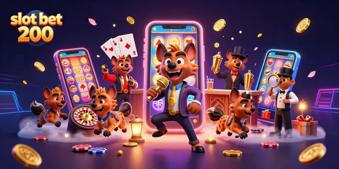 Engage with the thrilling slot bet 200 experience featuring animated hyenas in a vibrant casino scene.