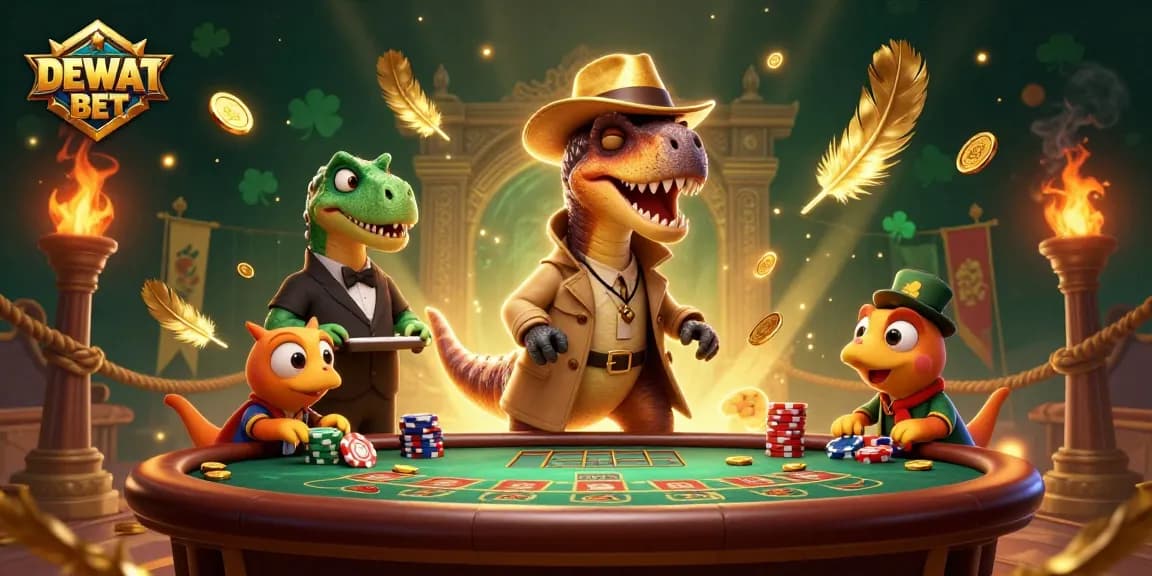 Experience thrilling blackjack action with DEWABET at an exciting casino scene filled with animated characters.