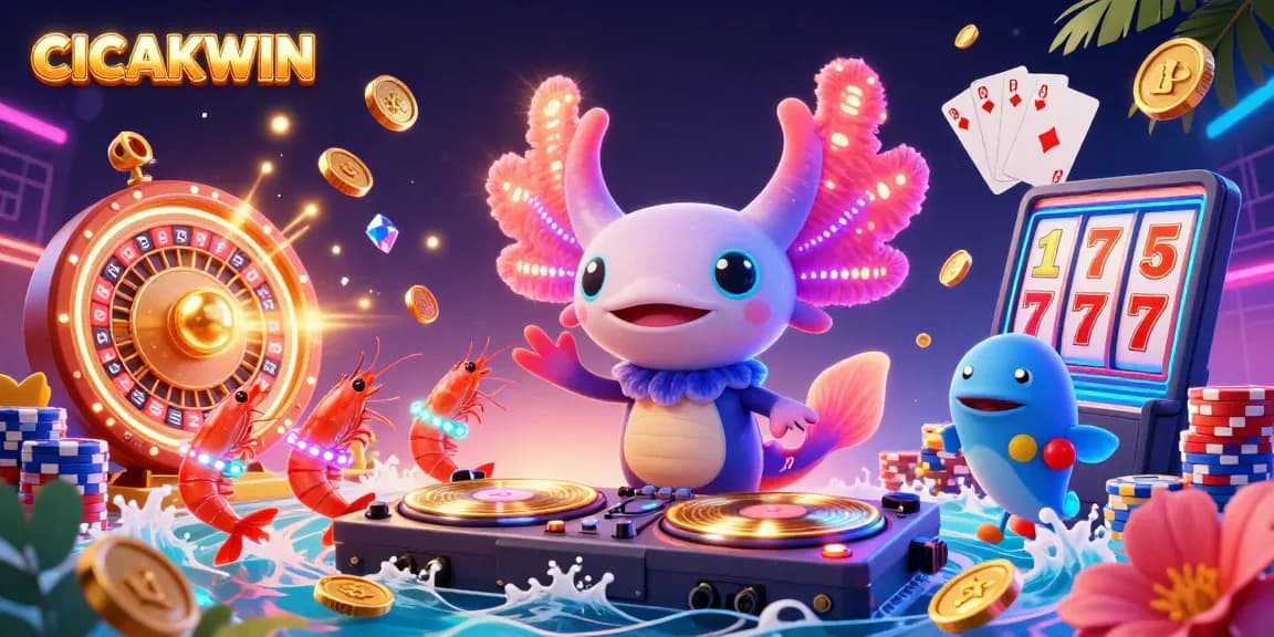 CICAKWIN ignites excitement with a vibrant axolotl DJ and treasures of golden coins in an enchanting casino scene.