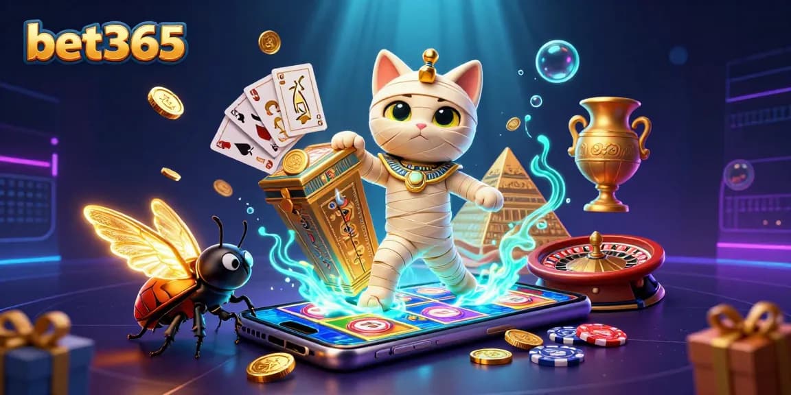 Experience thrilling gameplay with bet365 as an Egyptian mummy cat emerges in a casino scene.