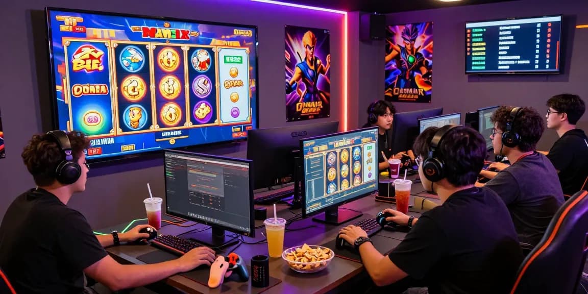 Engaging online gaming moment with players enjoying slot raffi ahmad, vibrant atmosphere, colorful screens, and snacks.