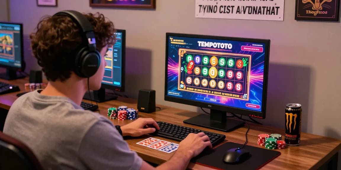 Exciting online gaming scene featuring TEMPOTOTO platform with player engaging in togel and slot games.