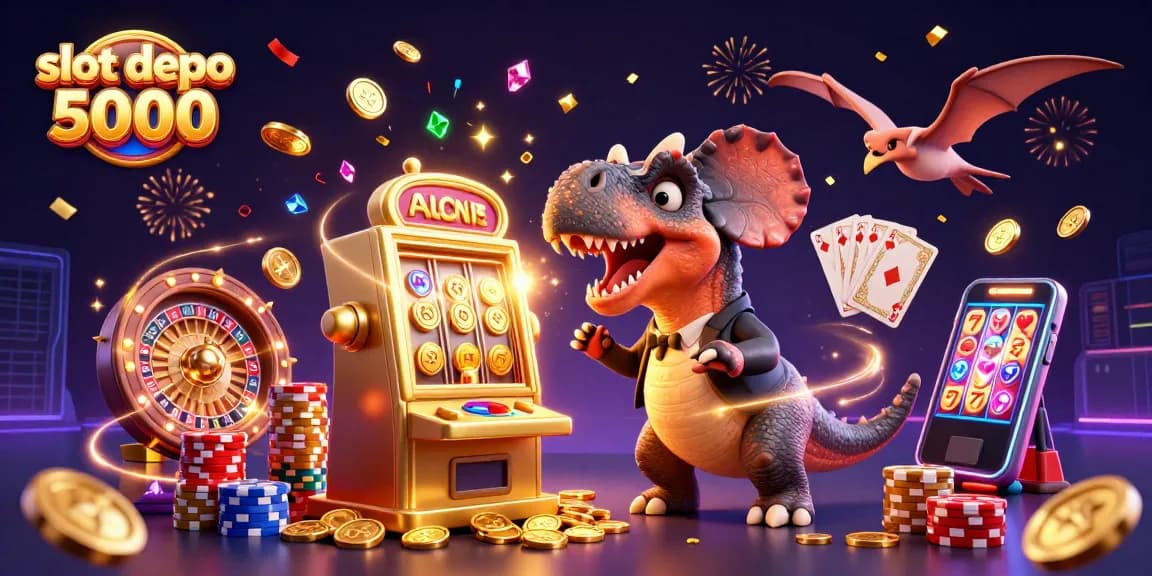 Experience the excitement of slot depo 5000 with animated dinosaurs in a jackpot scene.