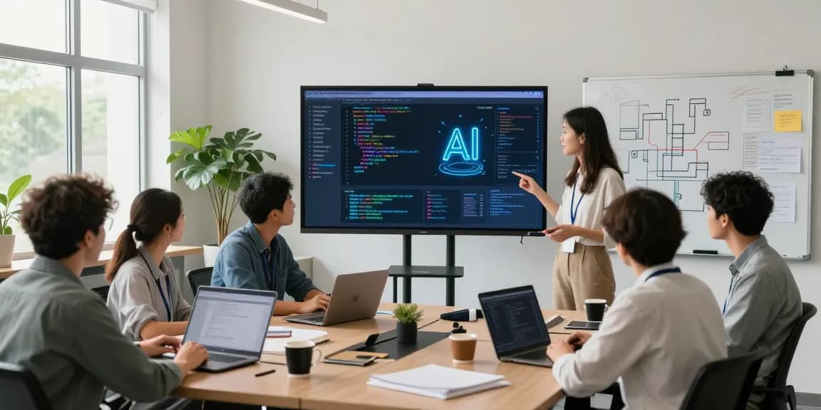 A collaborative workspace with engineers discussing AI agents, featuring screens with dynamic interfaces and vibrant atmosphere.