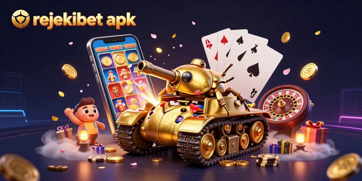 Play popular games on rejekibet apk as golden coins erupt, surrounded by colorful slots and vibrant casino elements.