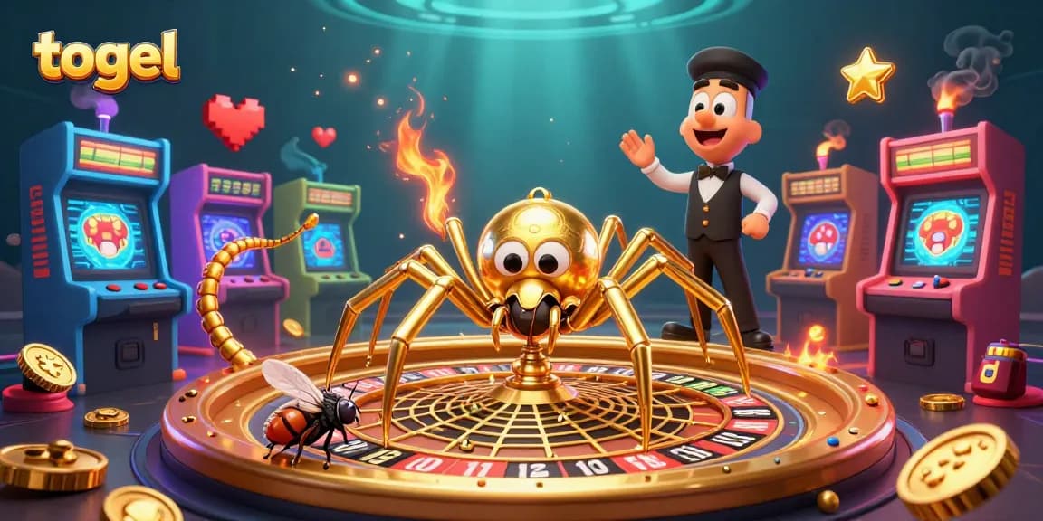Visualisasi menarik togel dengan laba-laba emas dan croupier, taruhan berapi-api penuh warna.