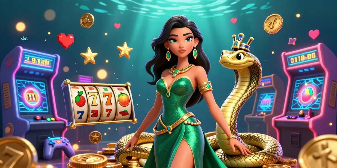 Engage with thrilling slot experiences featuring a stunning woman and golden cobra amidst vibrant casino elements.