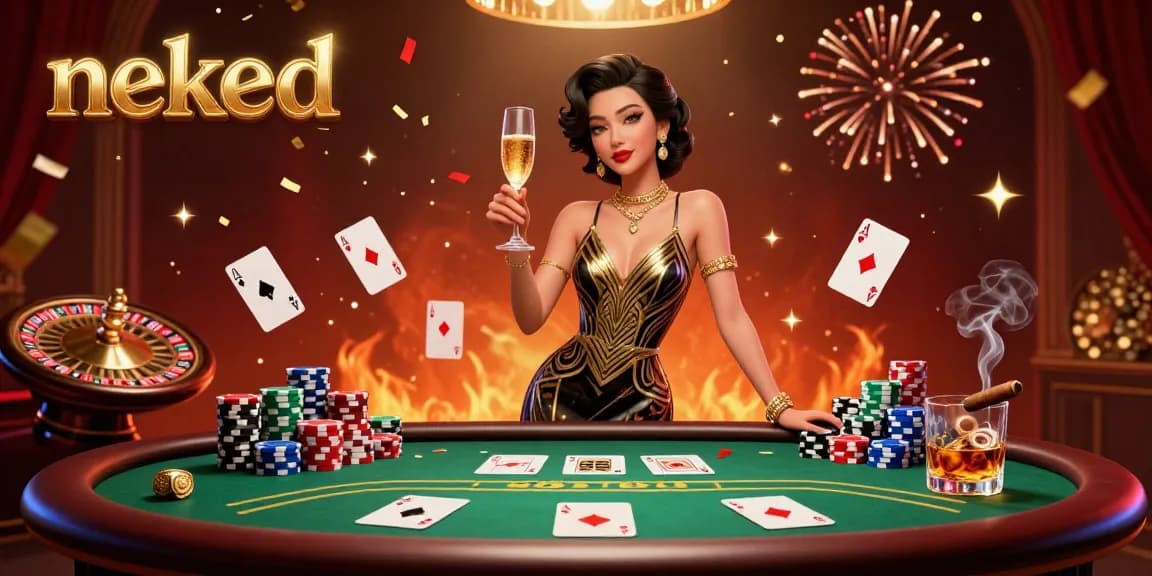 Ilustrasi 3D bertema Neked yang menampilkan seorang wanita elegan di tengah elemen kasino yang berwarna-warni, menyoroti suasana permainan yang mewah.