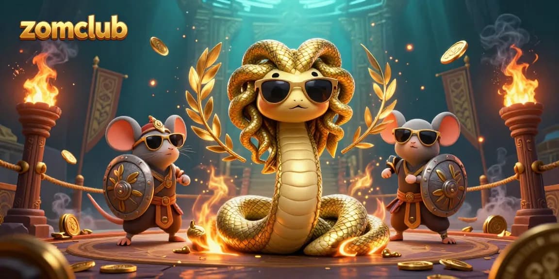 Zomclub offers a lively scene showcasing a friendly Medusa and a warrior mouse amidst a vibrant casino atmosphere.
