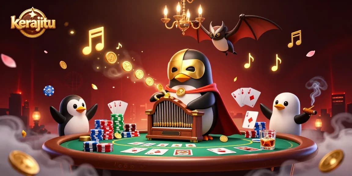 Play exciting poker at kerajitu with our extravagant 3D casino-themed illustration featuring animated characters.