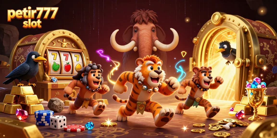 Experience thrilling wins with petir777 slot at a lively prehistoric casino surrounded by treasures.