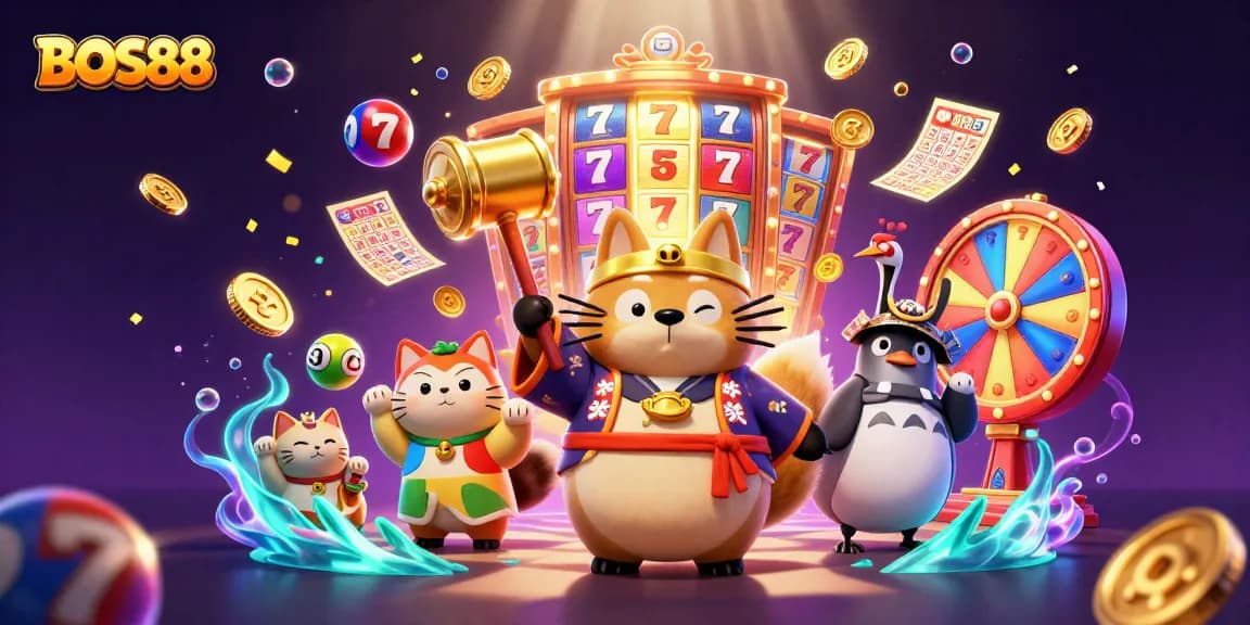 BOS88 menghadirkan keseruan slot online dengan ilustrasi 3D ceria dan elemen kasino menarik.