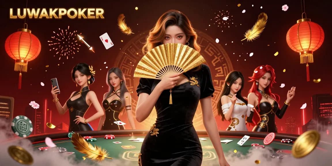 LuwakPoker showcases a glamorous poker scene featuring a stunning Asian woman and dynamic casino elements.