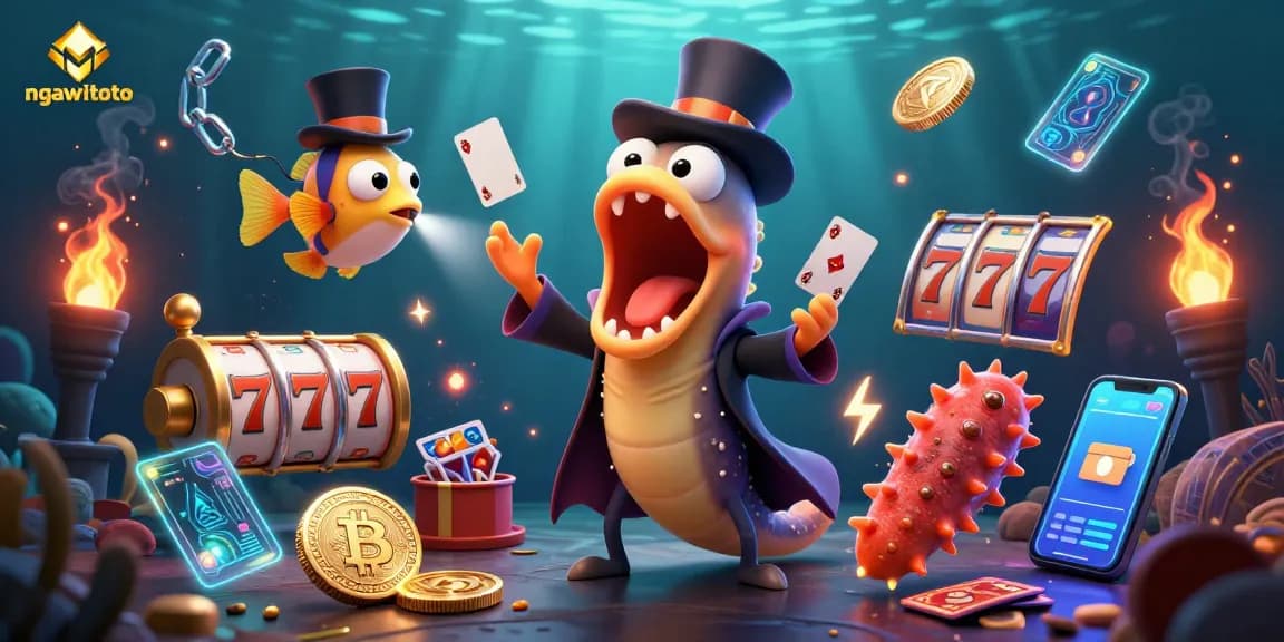 Ilustrasi 3D "ngawitoto" menampilkan ikan dan elemen judi dalam aksi sihir serta elemen slot.