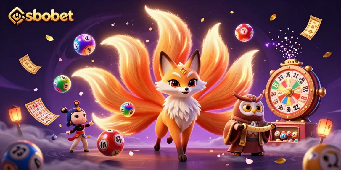 Sbobet offers dynamic betting options in a vibrant 3D scene with lottery elements and anime-style characters.