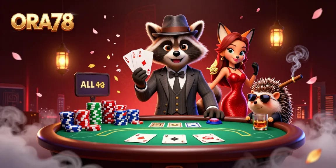 ORA78 menghadirkan suasana permainan poker seru dengan karakter menarik dan elemen kasino yang menggoda.