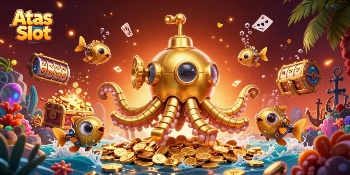 Spin the reels of Atas Slot while experiencing vibrant underwater treasures and rich casino elements.