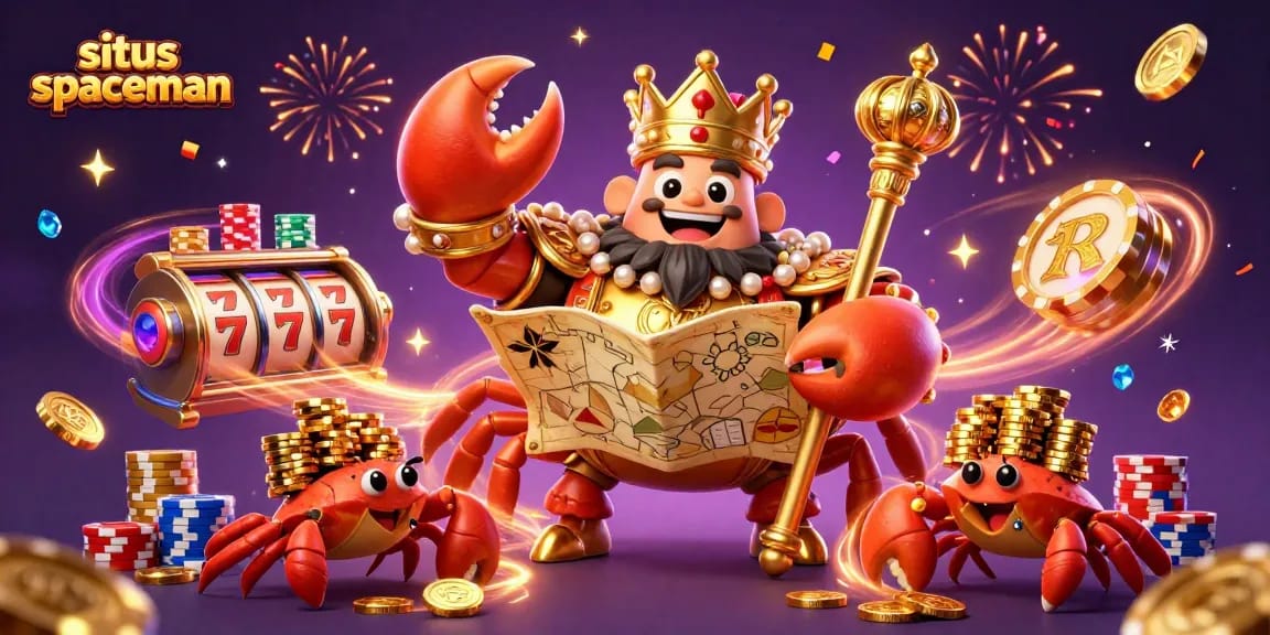 Situs spaceman offers thrilling gameplay with spinning slot machine reels, gold coins, and vibrant casino elements.