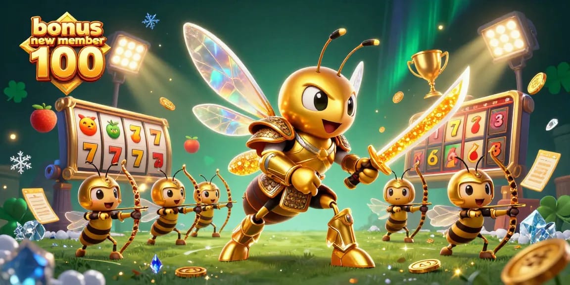 Engage with exciting games through the bonus new member 100 offer, featuring dazzling slot machine visuals.