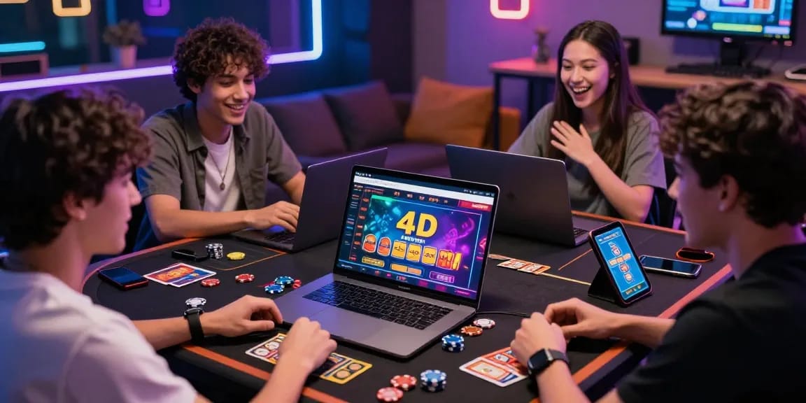 Engaged players enjoying LEVISTOTO online togel game with vibrant interface, chips, and gaming cards.