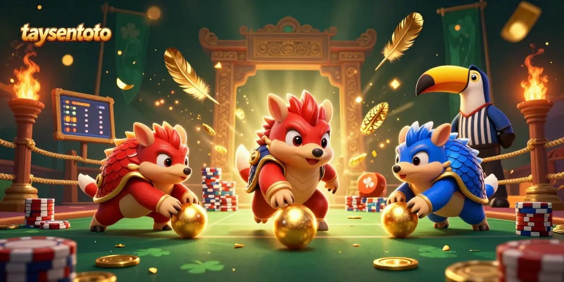 taysentoto menampilkan pangolin merah dan biru bersaing dalam arena dengan koin emas dan poker chip.