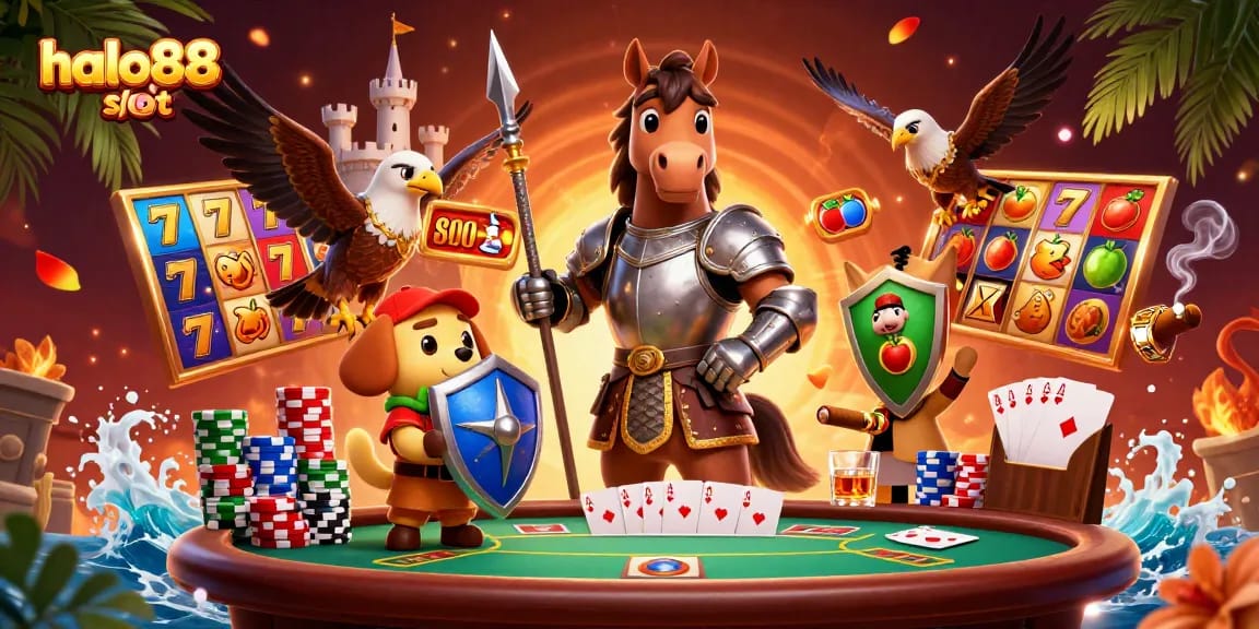 Spin the reels at halo88 slot with knights, a puppy, and riches in a vibrant casino scene.