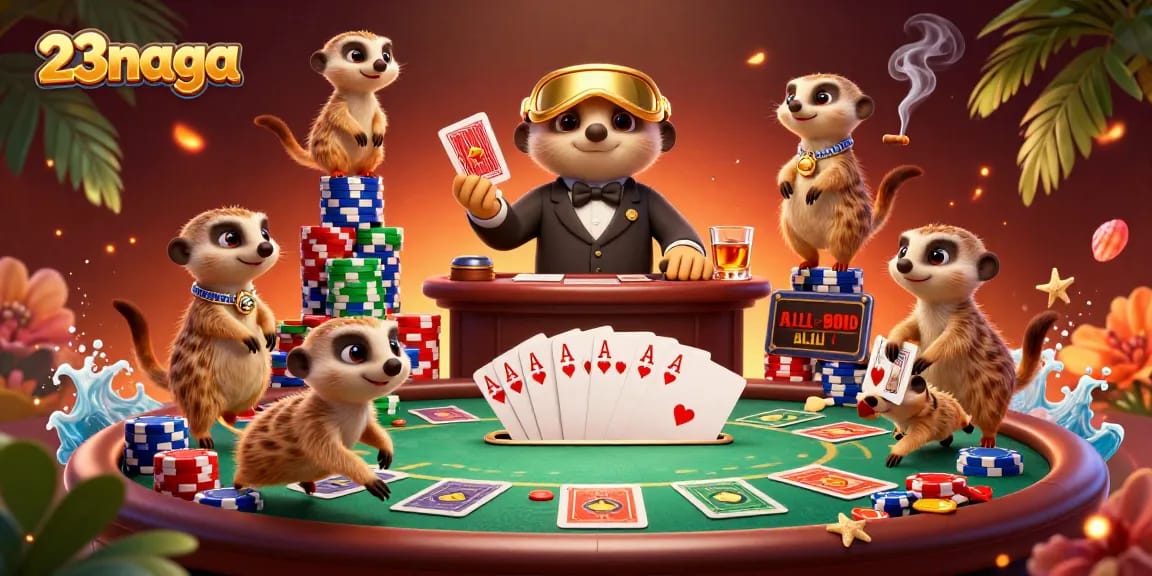 Meerkats mengelola kasino 23naga yang megah dengan tumpukan chip dan kartu poker.