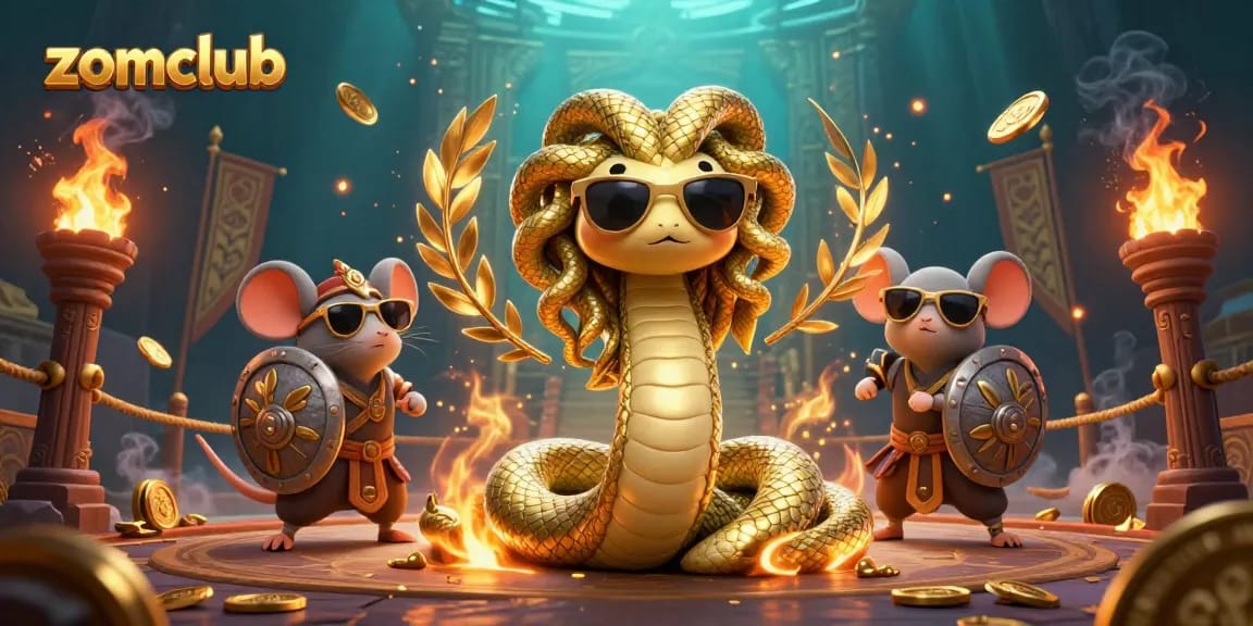 Zomclub offers a lively scene showcasing a friendly Medusa and a warrior mouse amidst a vibrant casino atmosphere.