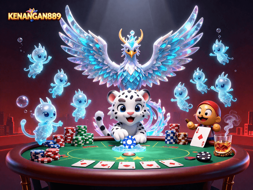 Experience the thrilling excitement of KENANGAN889 with vibrant characters and poker action in this stunning illustration.