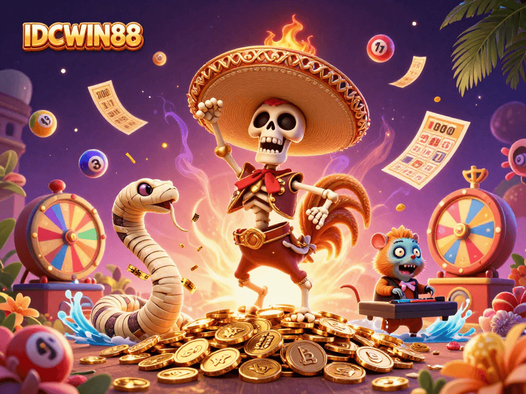 Engage with IDCWIN88 in a vibrant 3D illustration showcasing lottery-themed fun with lively characters.