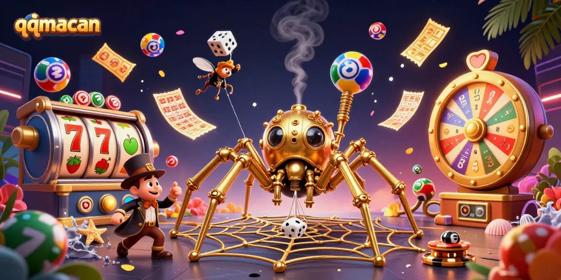 Experience the thrill of qqmacan with a vibrant 3D illustration showcasing dynamic gaming elements and steampunk charm.