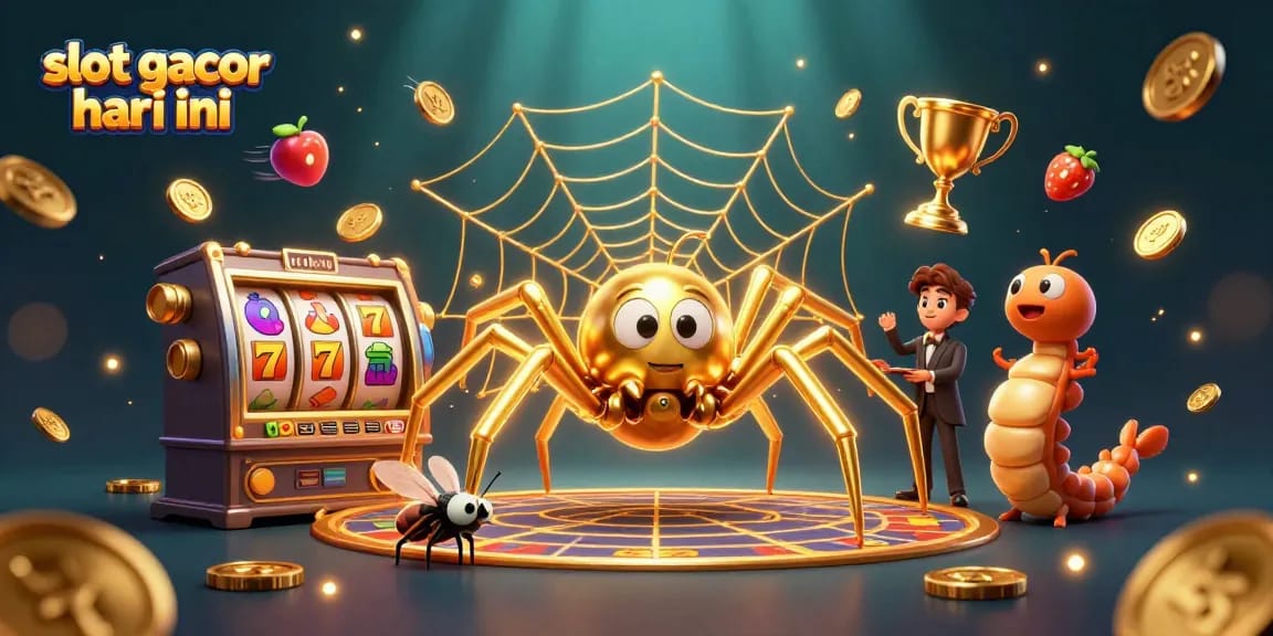 Exciting gameplay for slot gacor hari ini, featuring a spider as a croupier with vibrant slot symbols.