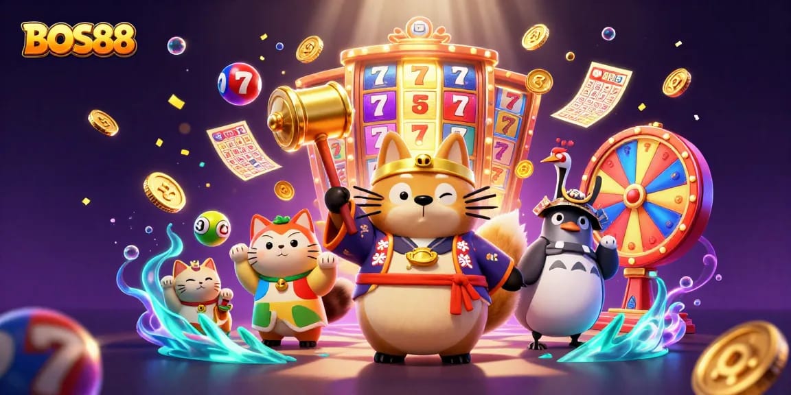 BOS88 menghadirkan keseruan slot online dengan ilustrasi 3D ceria dan elemen kasino menarik.