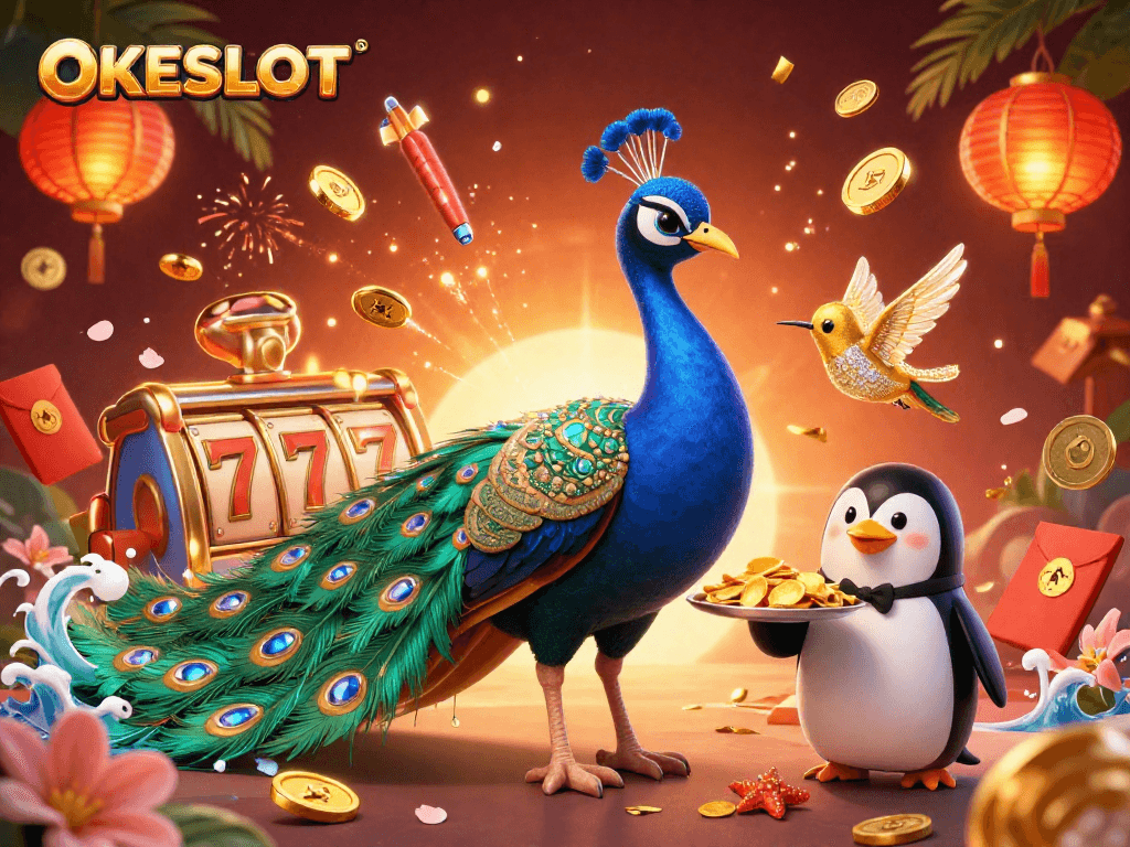 OKESLOT menghadirkan gameplay menarik dengan karakter kasino dan simbol keberuntungan yang memikat.