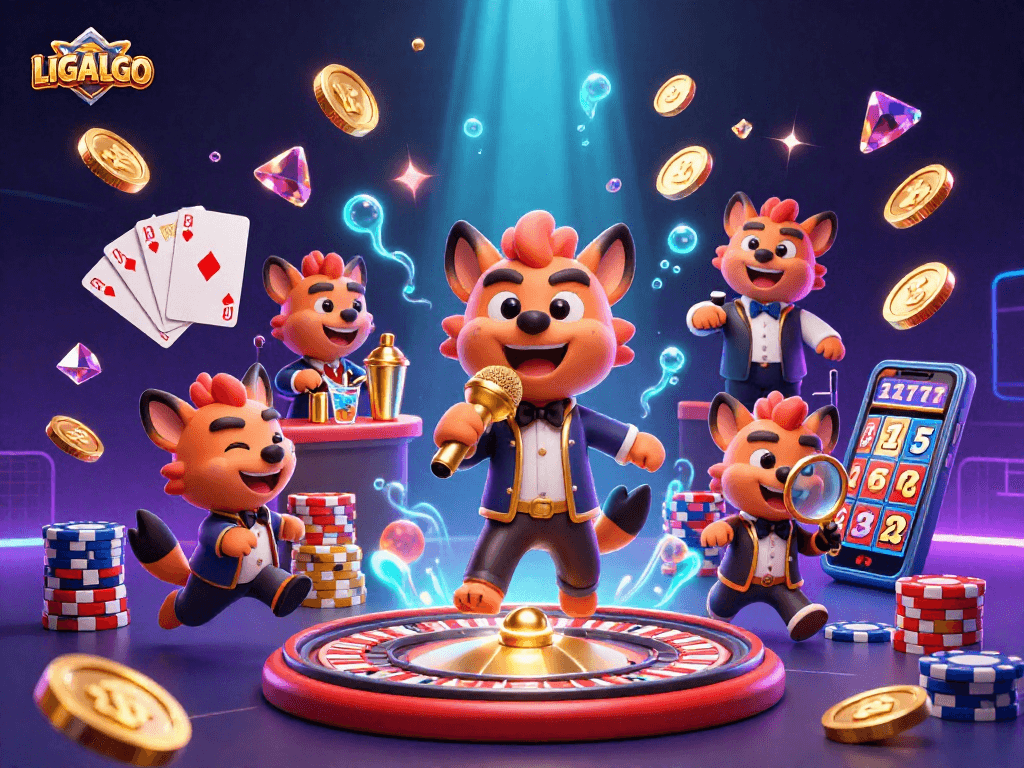 LIGALGO showcases a lively casino scene with cartoon hyenas, golden drinks, and sparkling winnings.