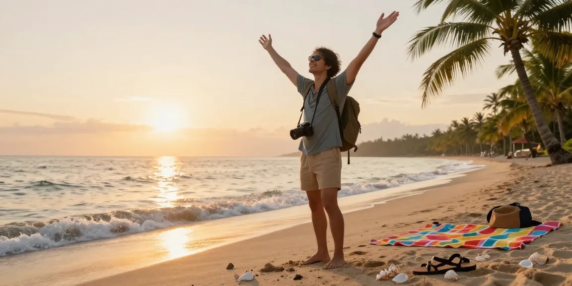 Traveler menikmati kebahagiaan di rubahtoto saat matahari terbit di pantai.