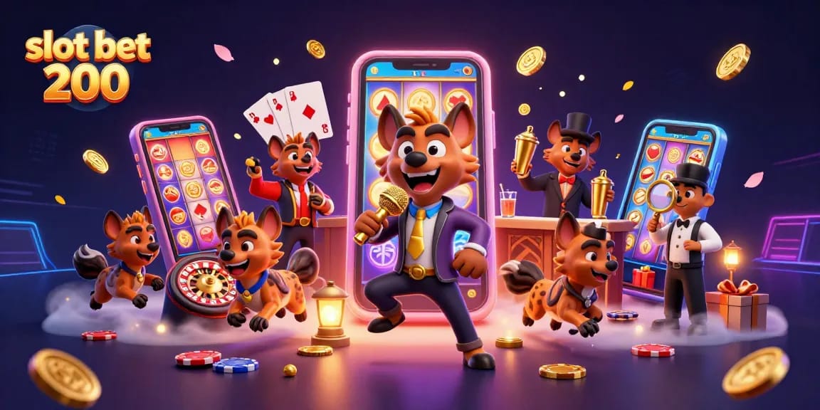 Engage with the thrilling slot bet 200 experience featuring animated hyenas in a vibrant casino scene.