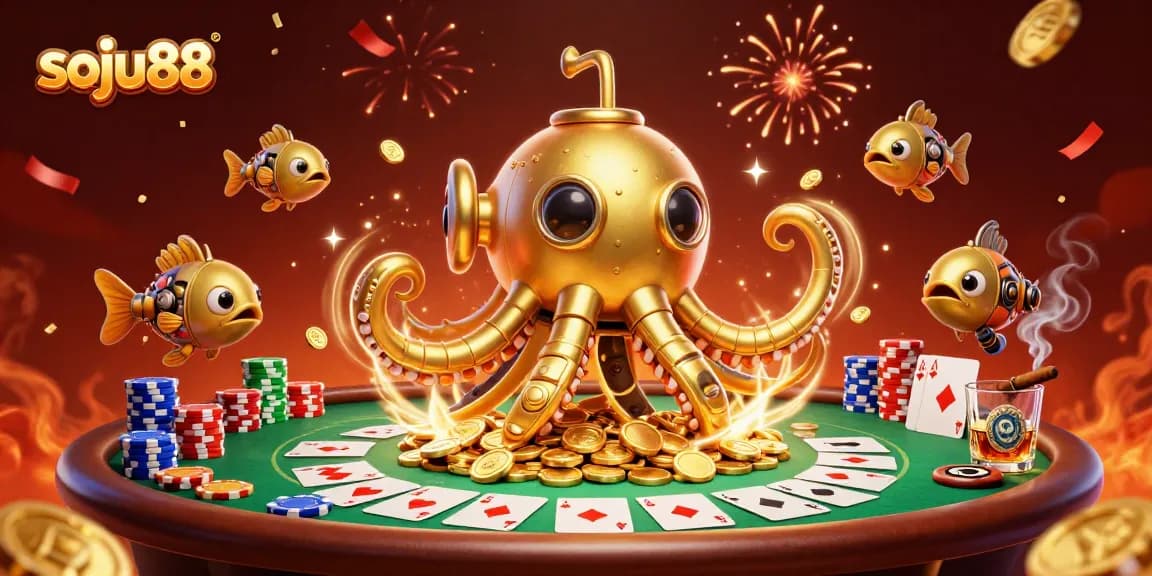Engage with thrilling poker action at soju88 with a magical kraken and vibrant casino scene.