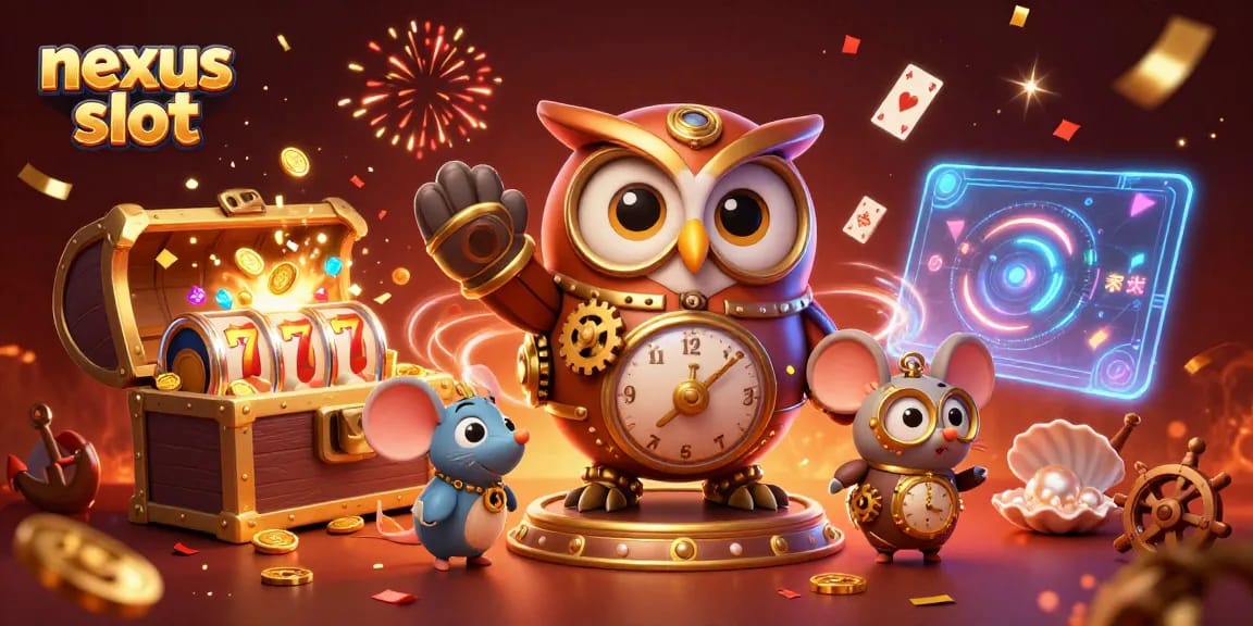 Win big with exciting nexus slot, showcasing 3D cartoon owl and vibrant casino elements.