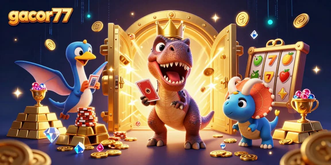 Gacor77 menampilkan T-Rex ramah, burung pterodactyl, dan triceratops bayi dalam ilustrasi kasino kaya harta.