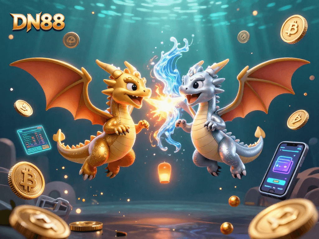 Discover epic moments at DN88 with 3D dragons and crypto symbols in a vibrant casino scene.