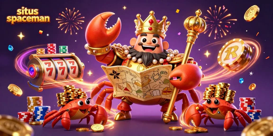 Situs spaceman offers thrilling gameplay with spinning slot machine reels, gold coins, and vibrant casino elements.