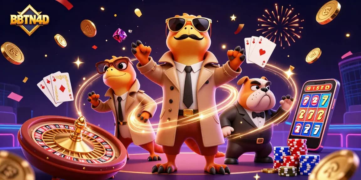 BBTN4D menghadirkan suasana permainan kasino dengan tiga raptor kartun dalam jas, dikelilingi koin emas dan batu permata.
