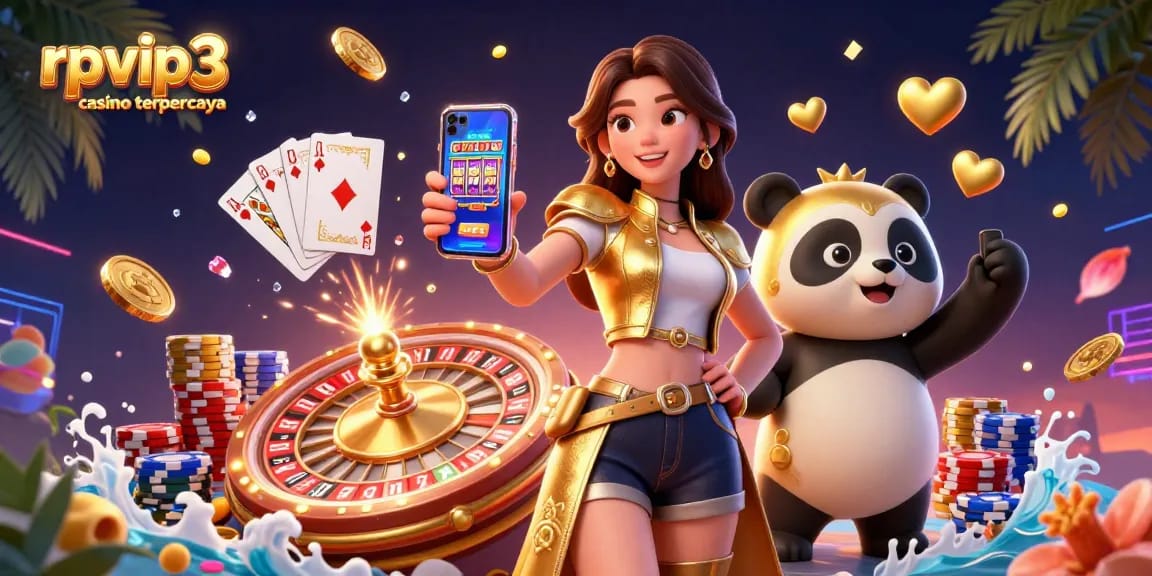 Engage with exciting games at rpvip3 casino terpercaya, featuring a charismatic woman and golden panda mascot.