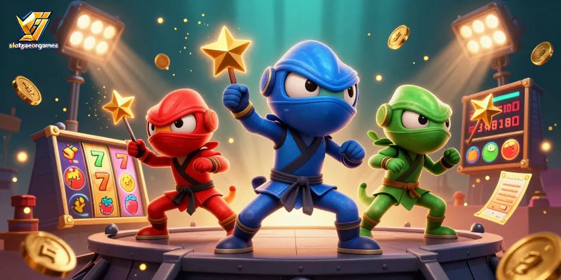 Engage with slotgacorgames through a vibrant 3D rendering of chameleons showcasing slot reels and jackpots.