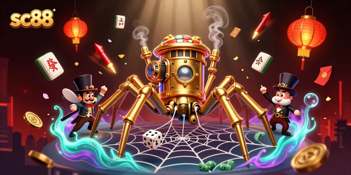 Engage with sc88's thrilling atmosphere of chance as a steampunk spider catches dice.