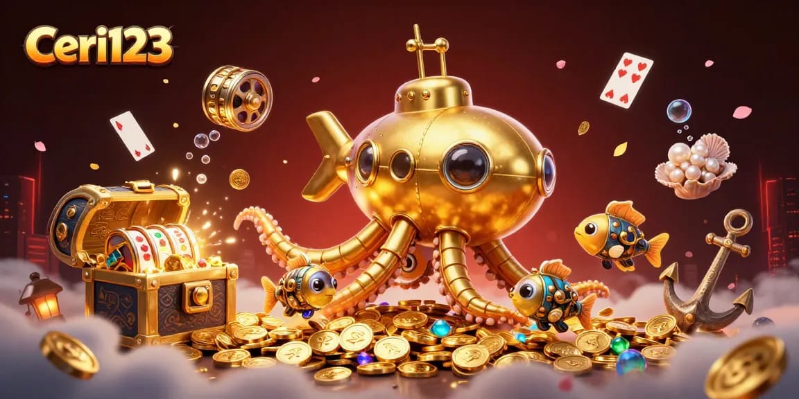 Ceri123 reveals winning slots with a golden kraken and treasure, showcasing jackpot excitement.