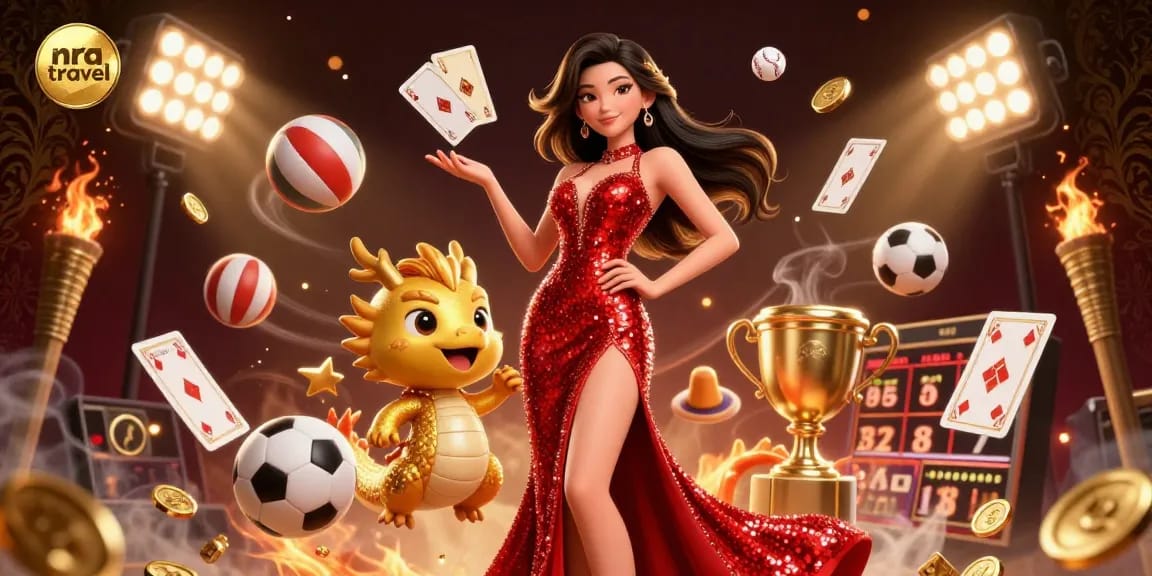 Experience the excitement of nra travel with a dazzling illustration of a confident Asian woman and dynamic sports elements.
