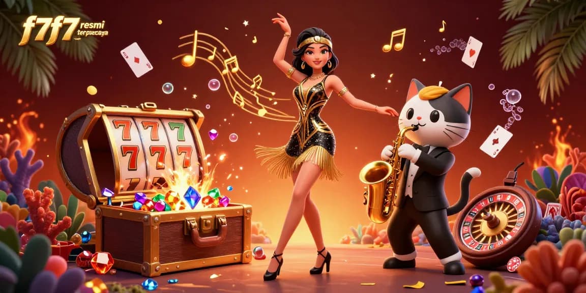 Experience vibrant gameplay with f7f7 resmi terpercaya, featuring a dynamic scene of a glamorous woman and a cat amidst casino elements.