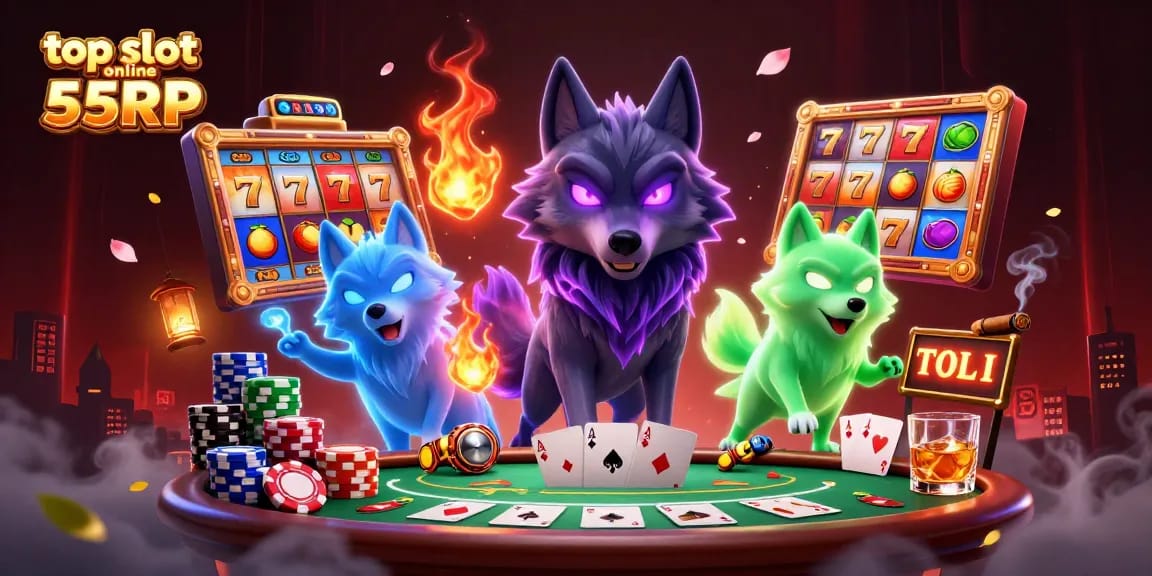 Engage with top slot online 55RP featuring vibrant slot reels, whimsical wolf characters, and exciting casino elements.